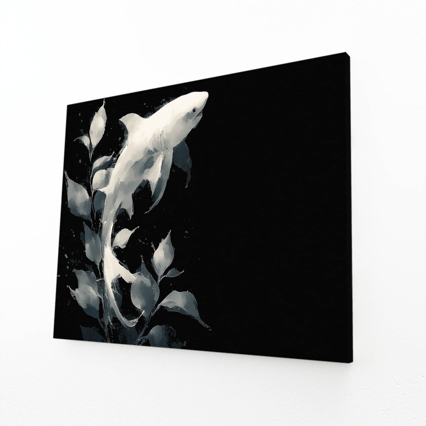 Black and White Minimalist Shark Prints – angled canvas view on white background