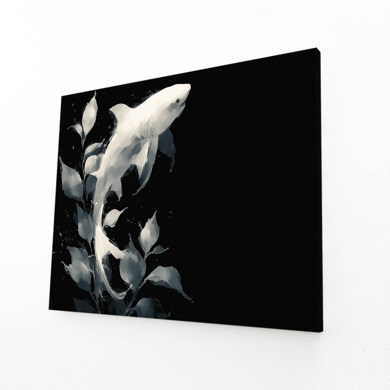 Black and White Minimalist Shark Prints – angled canvas view on white background