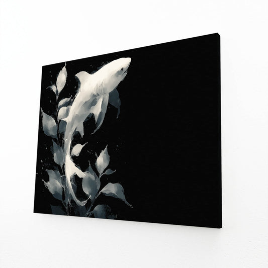 Black and White Minimalist Shark Prints – angled canvas view on white background