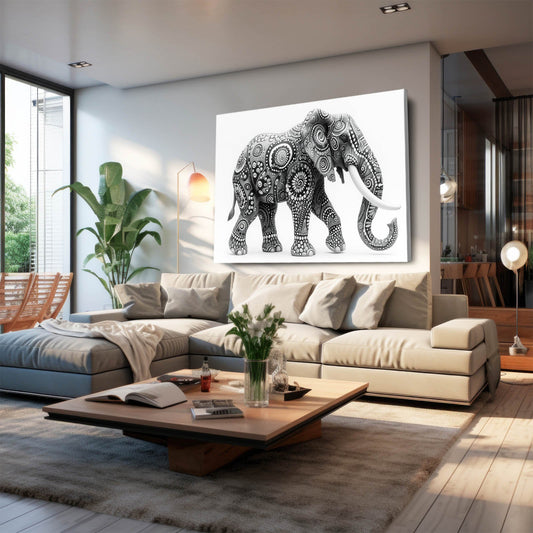 Black And White Patterned Elephant Art — abstract canvas print in white tones, view 3