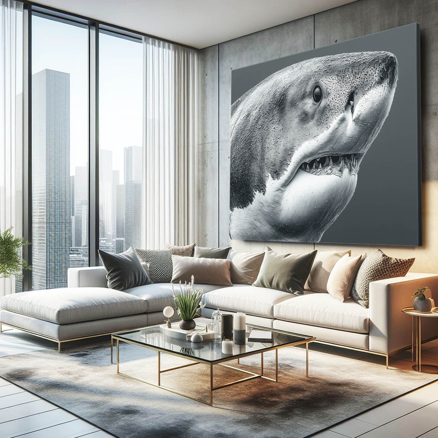 Black and White Portrait Shark Wall Art – styled in a furnished interior
