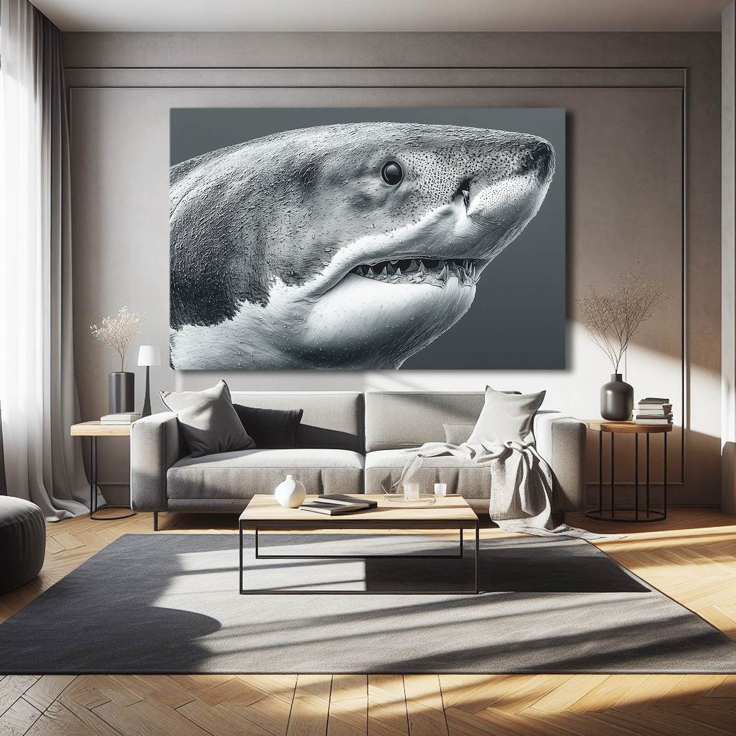 Black and White Portrait Shark Wall Art – styled in a furnished interior