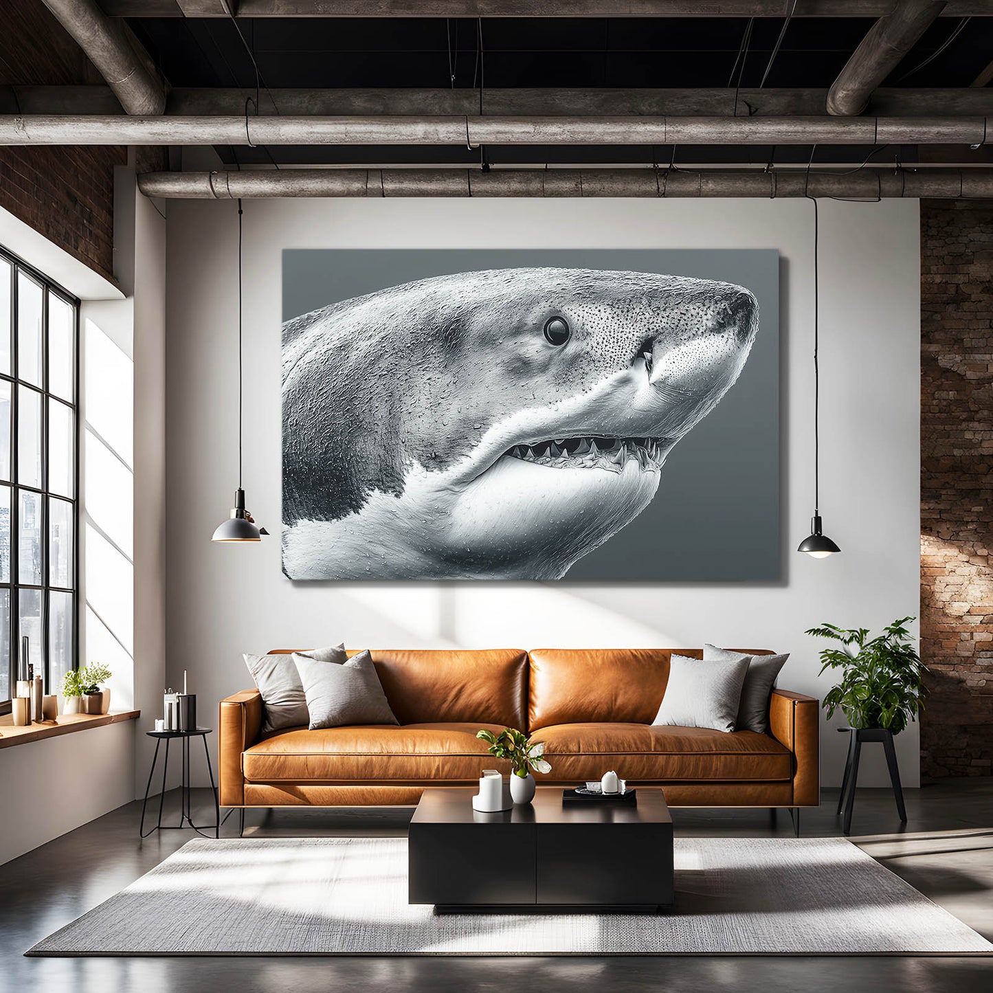 Black and White Portrait Shark Wall Art – styled in a furnished interior