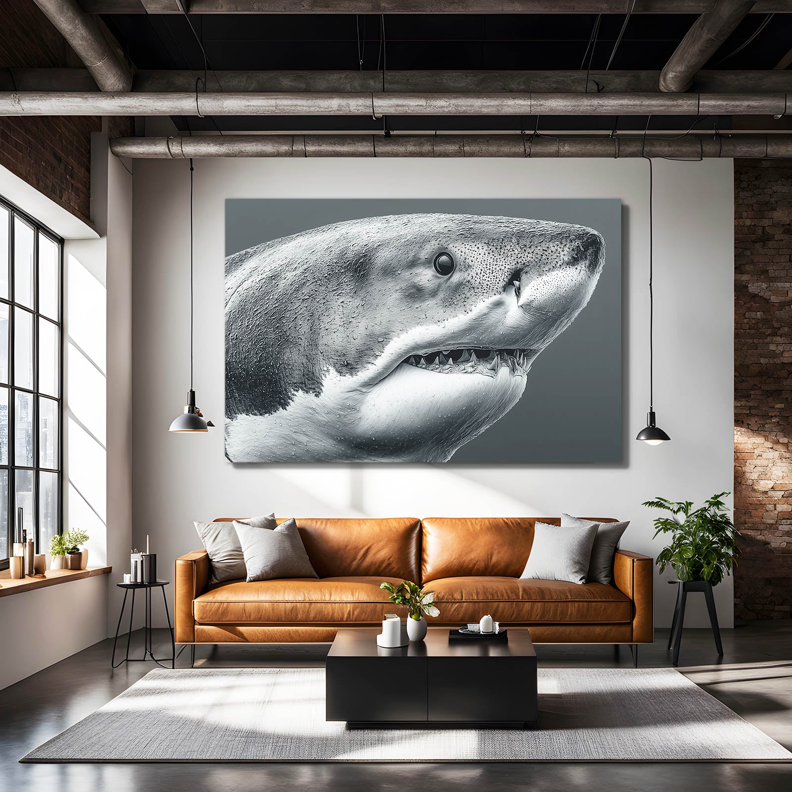 Black and White Portrait Shark Wall Art – styled in a furnished interior