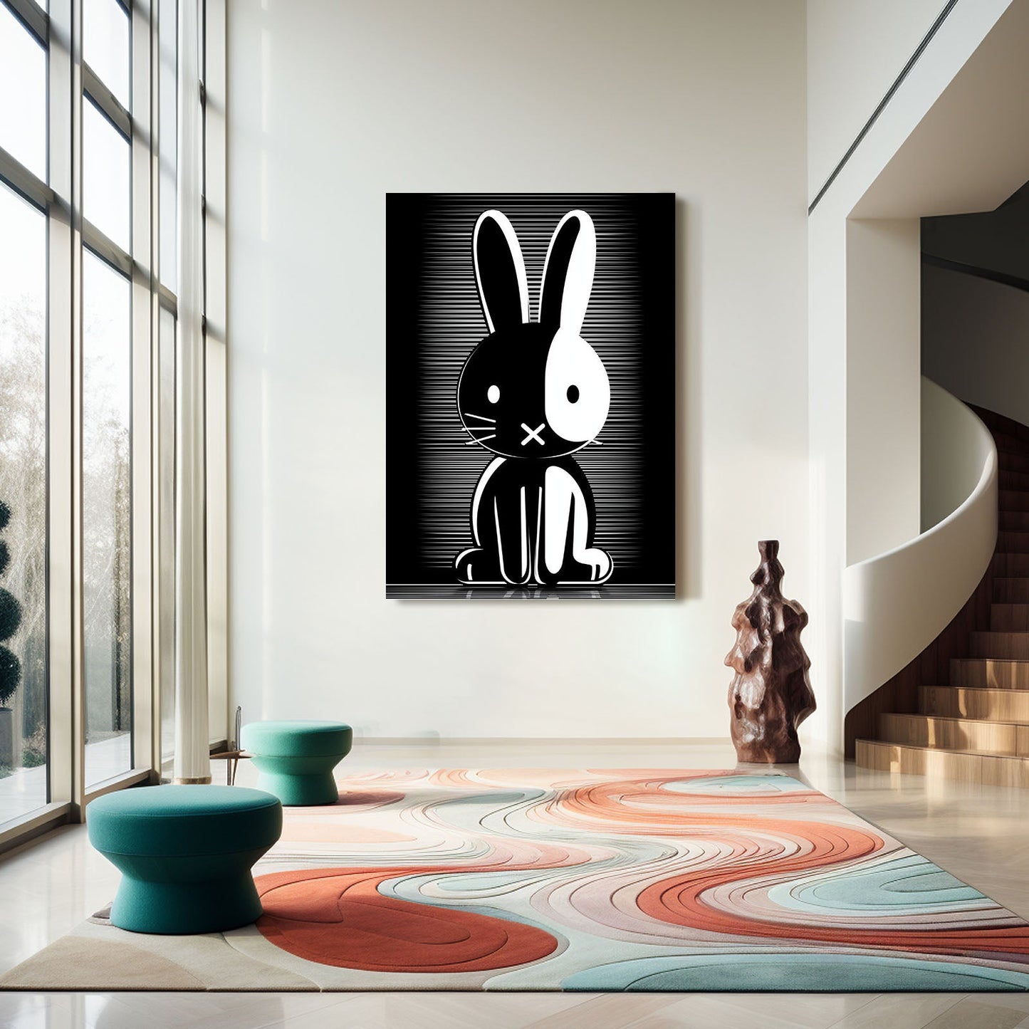 Black And White Rabbit Art – angled canvas view on white background