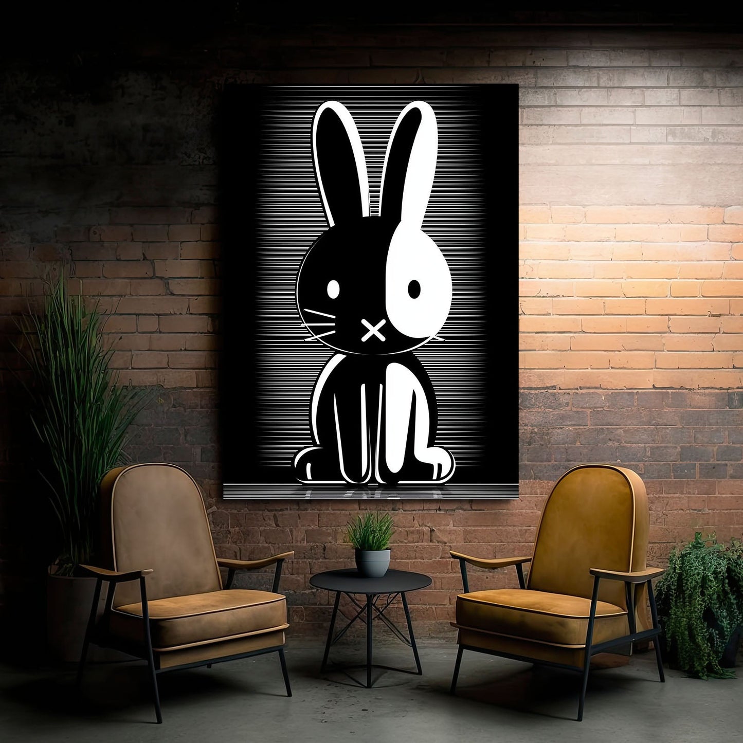 Black And White Rabbit Art – angled canvas view on white background