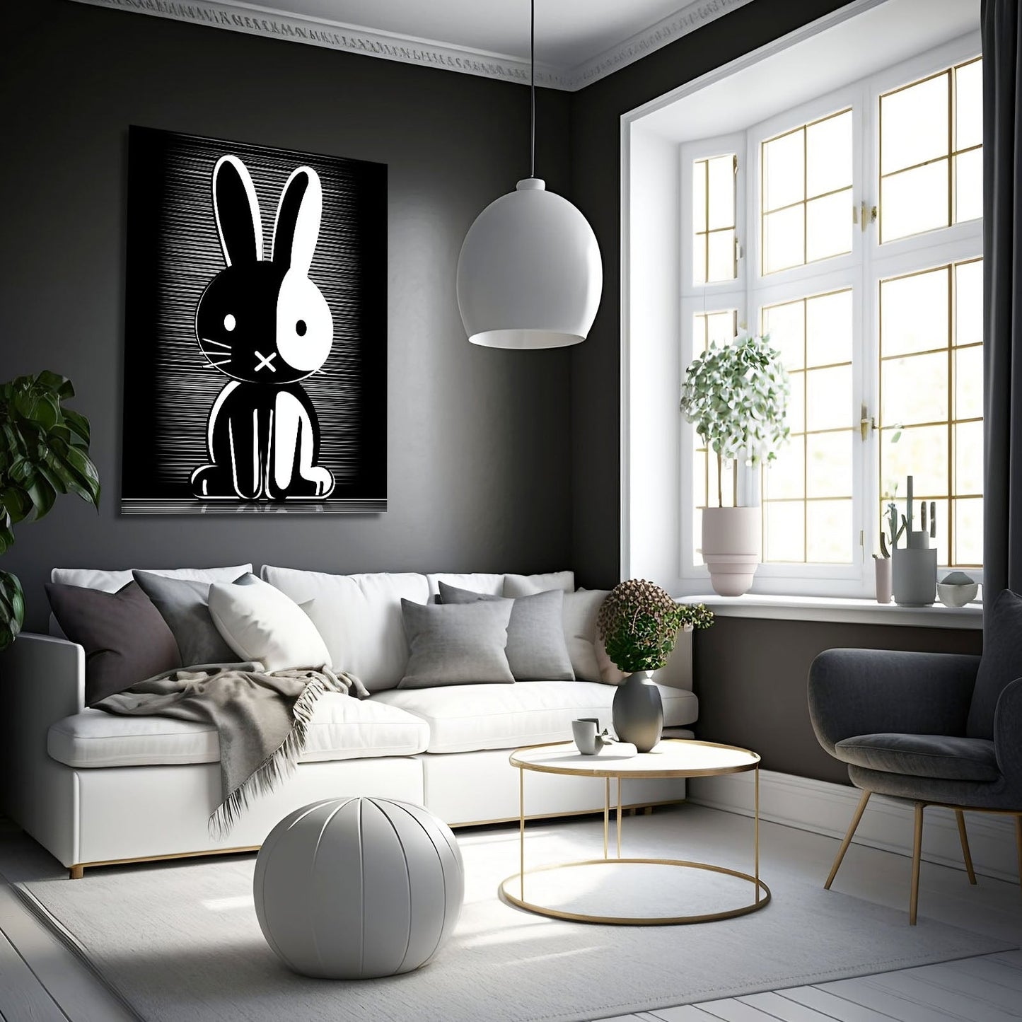 Black And White Rabbit Art – angled canvas view on white background