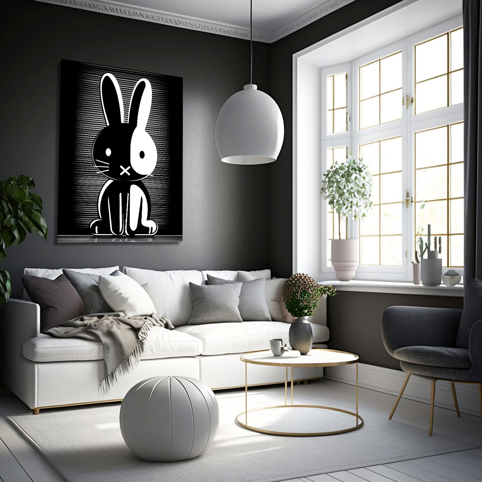 Black And White Rabbit Art – angled canvas view on white background