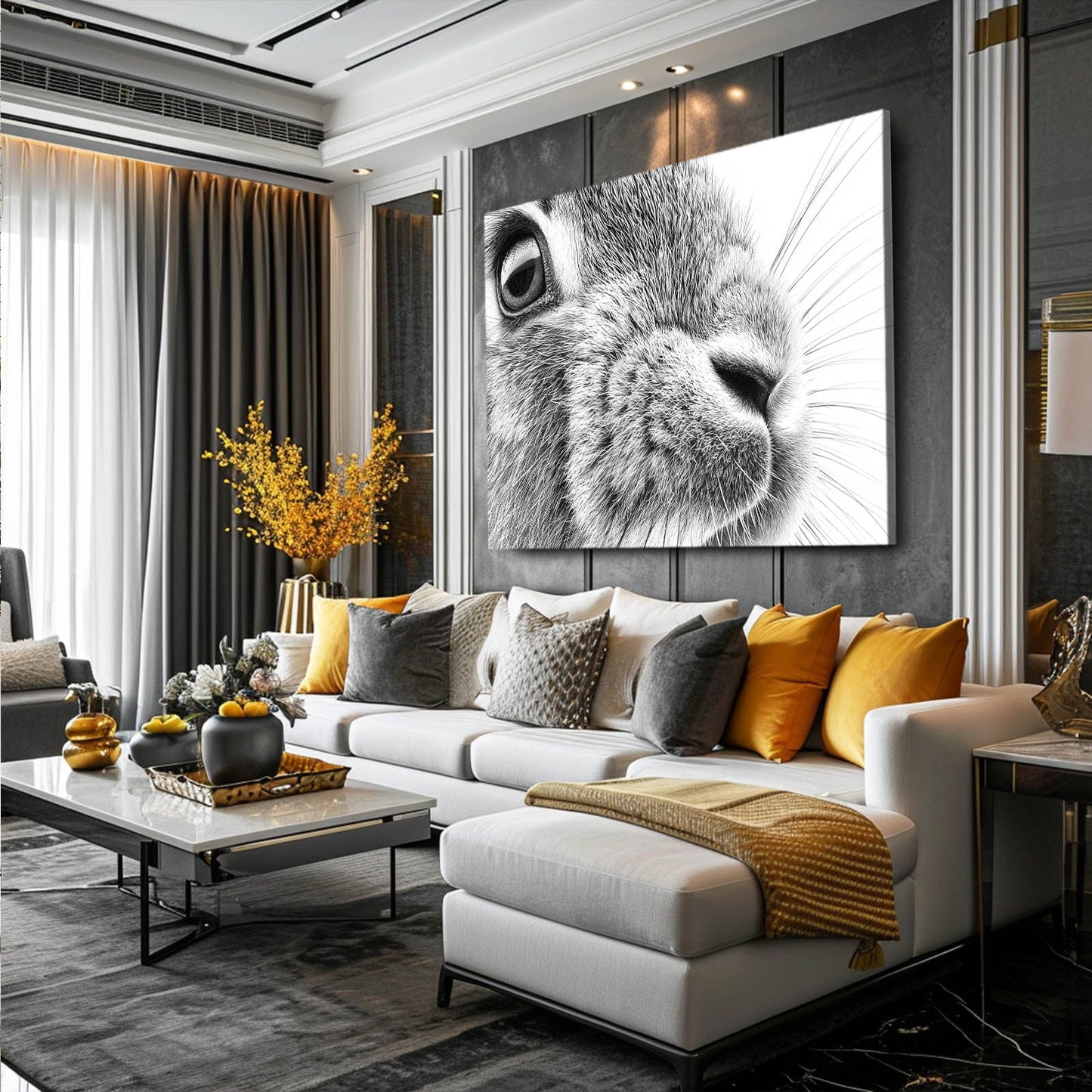 Black And White Rabbit Canvas Art – angled canvas view on white background