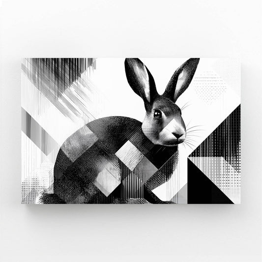 Black And White Rabbit Wall Art – angled canvas view on white background