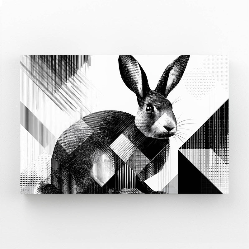 Black And White Rabbit Wall Art – angled canvas view on white background
