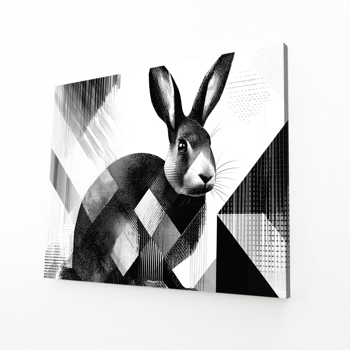 Black And White Rabbit Wall Art – angled canvas view on white background