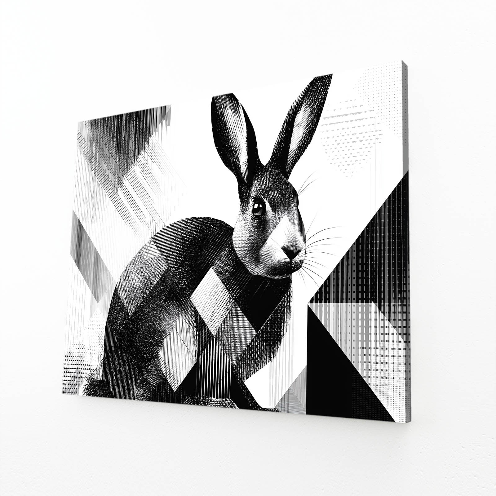 Black And White Rabbit Wall Art – angled canvas view on white background