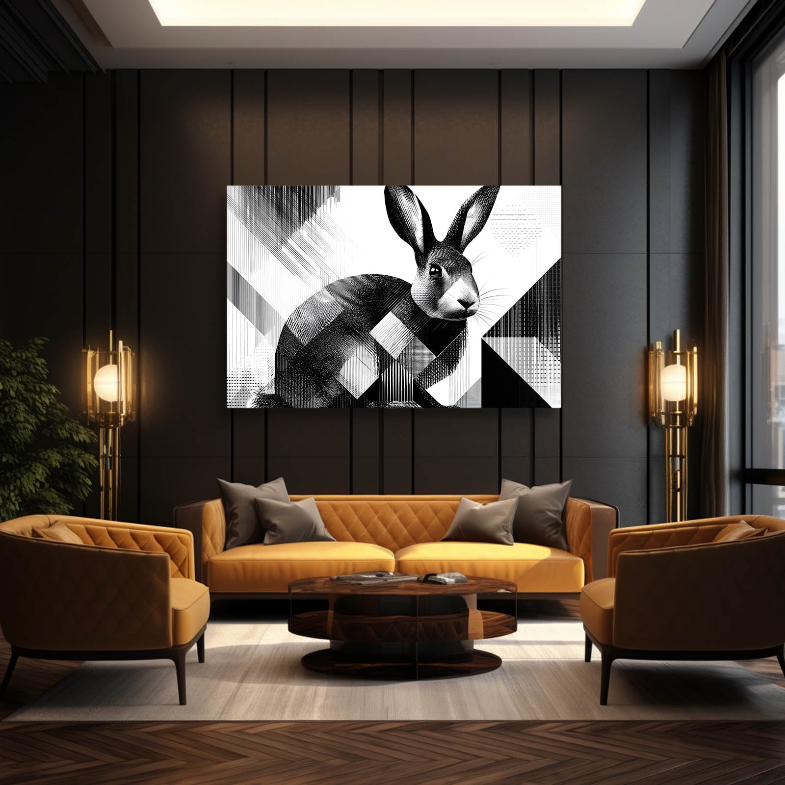 Black And White Rabbit Wall Art – angled canvas view on white background