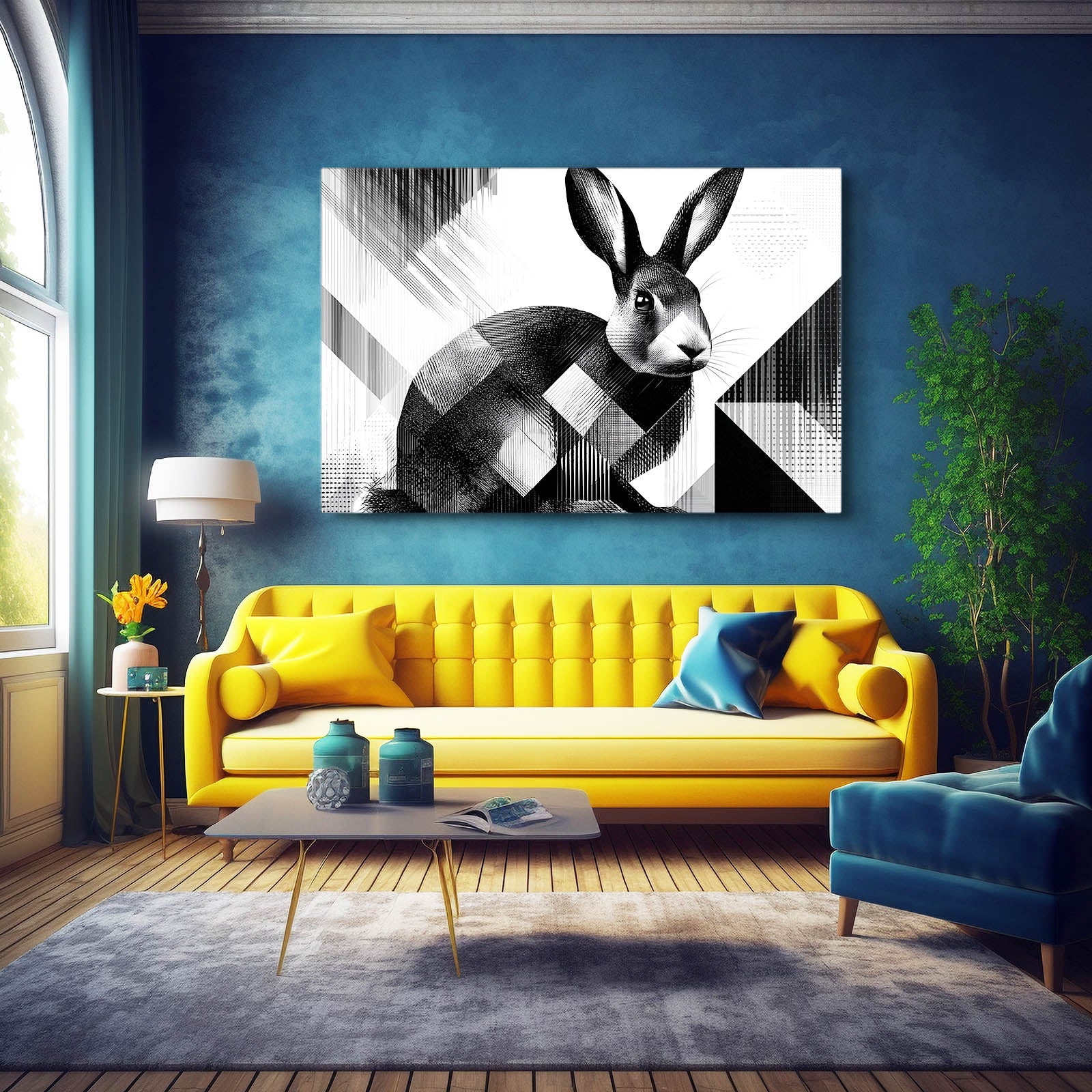Black And White Rabbit Wall Art – angled canvas view on white background