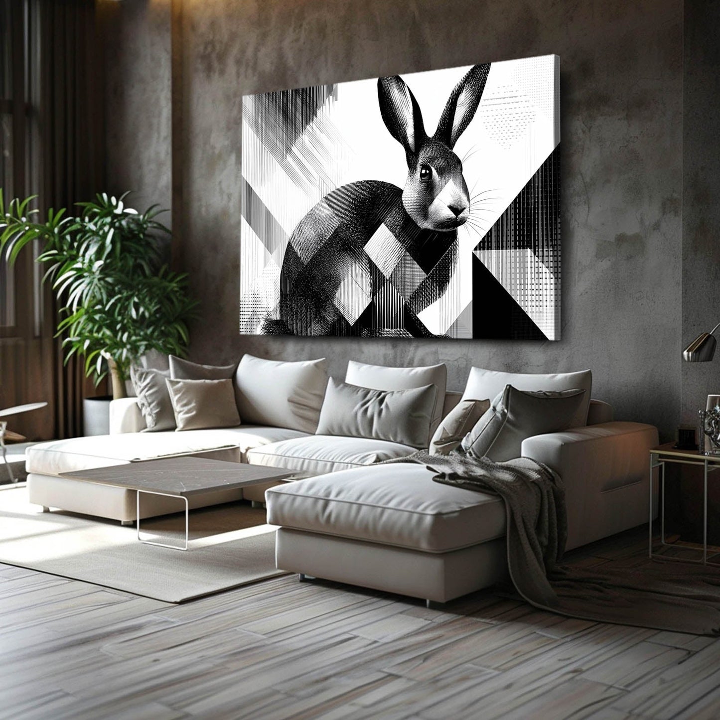 Black And White Rabbit Wall Art – angled canvas view on white background