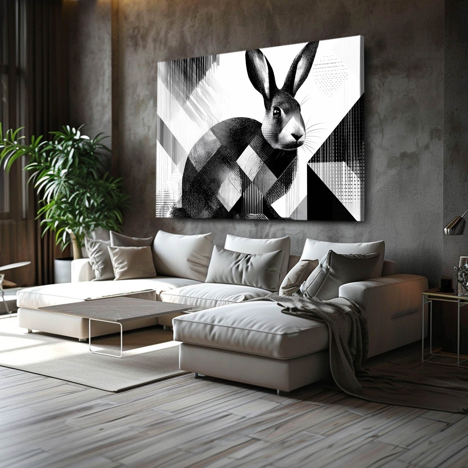 Black And White Rabbit Wall Art – angled canvas view on white background