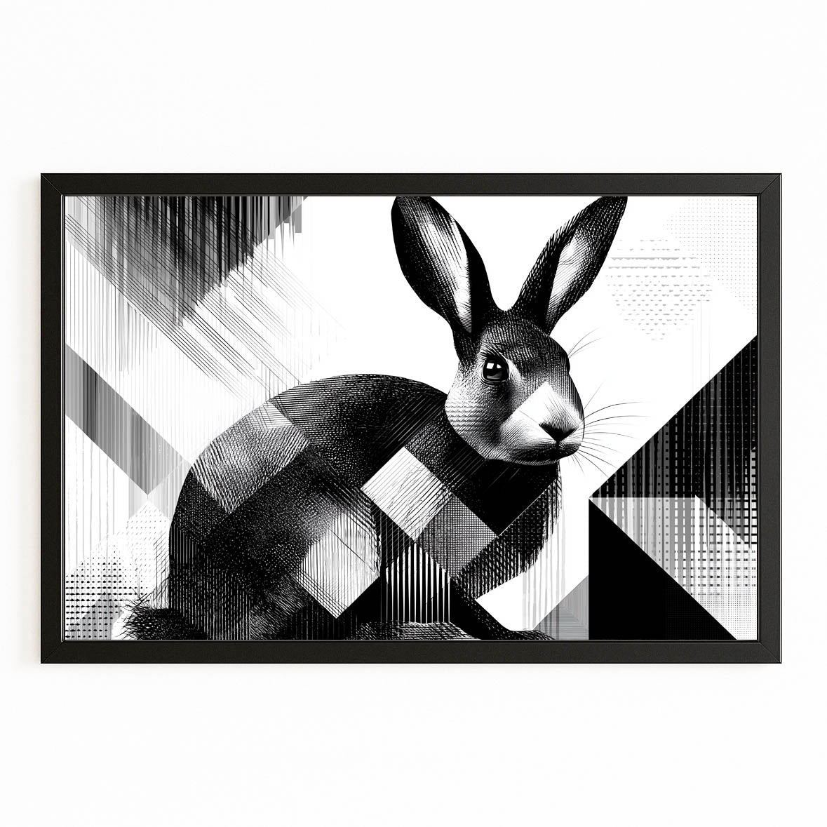 Black And White Rabbit Wall Art – with Premium Black frame on white background