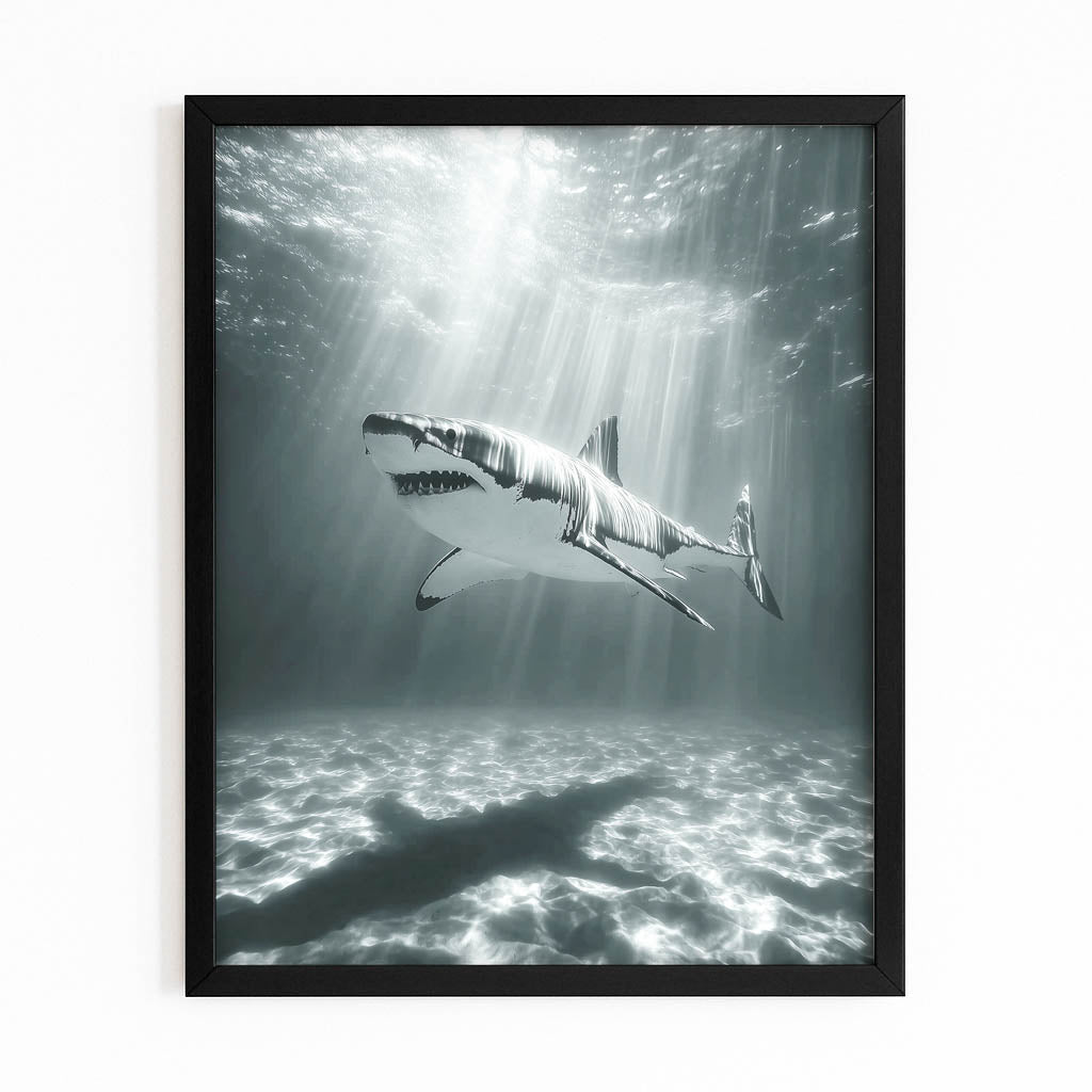 Black and White Sunrays Shark Prints – with Premium Black frame on white background