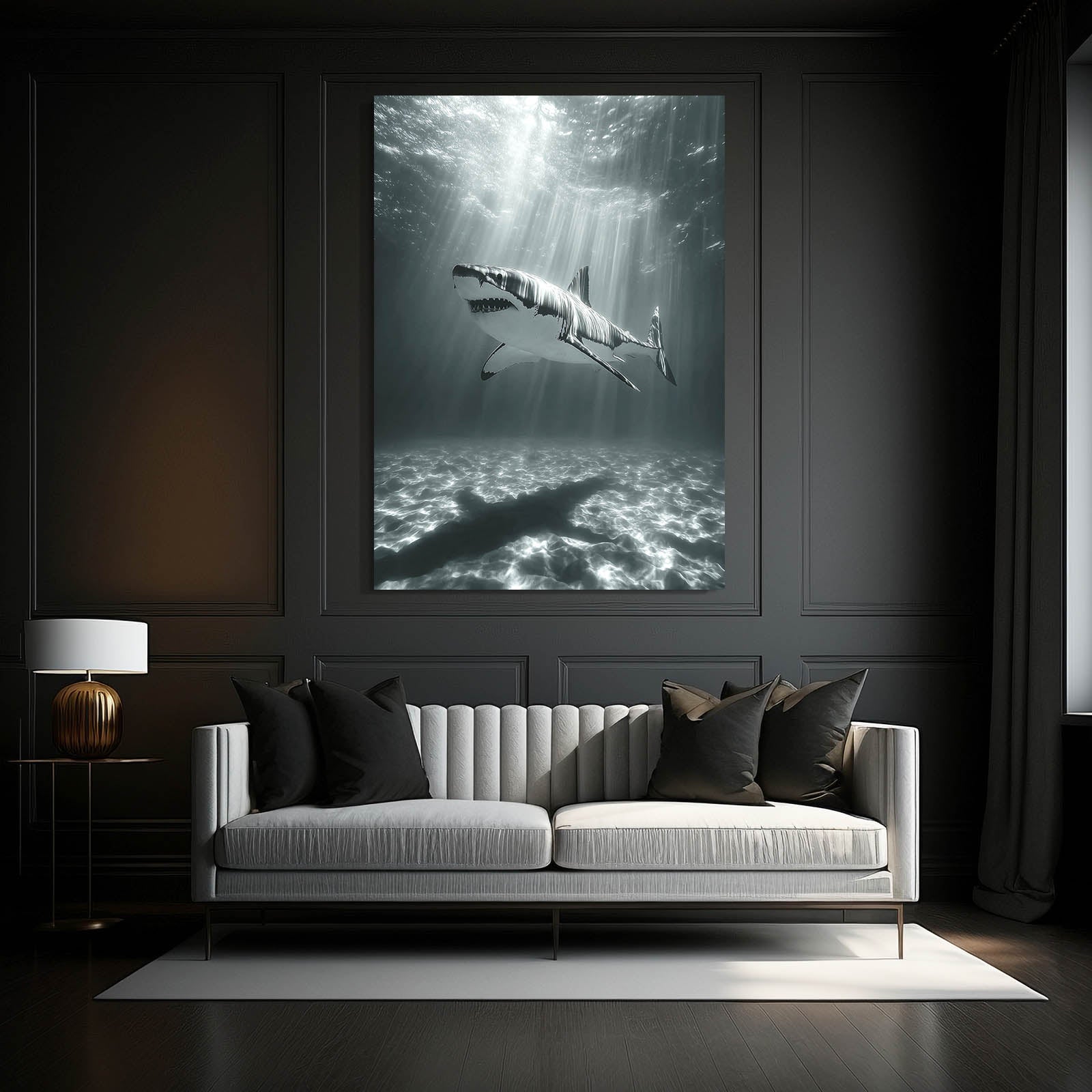 Black and White Sunrays Shark Prints – styled in a furnished interior