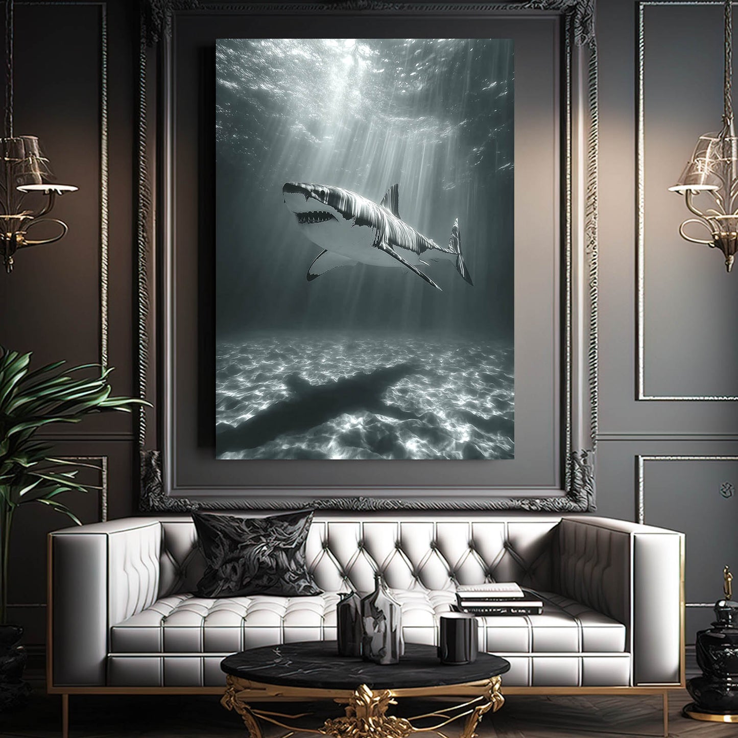 Black and White Sunrays Shark Prints – styled in a furnished interior