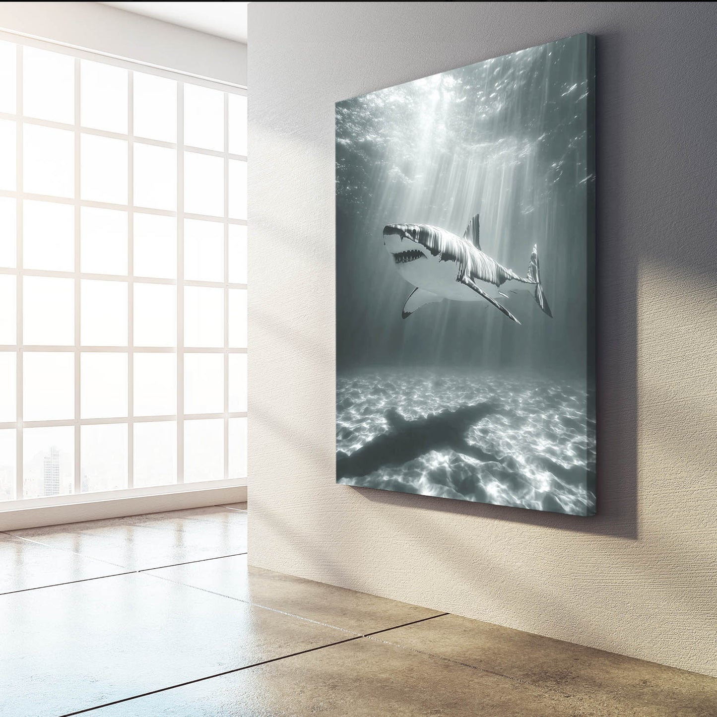 Black and White Sunrays Shark Prints – styled in a furnished interior