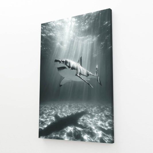 Black and White Sunrays Shark Prints – angled canvas view on white background