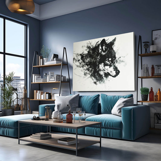 Black And White Wolf Wall Art — black and white canvas print in white tones, view 3