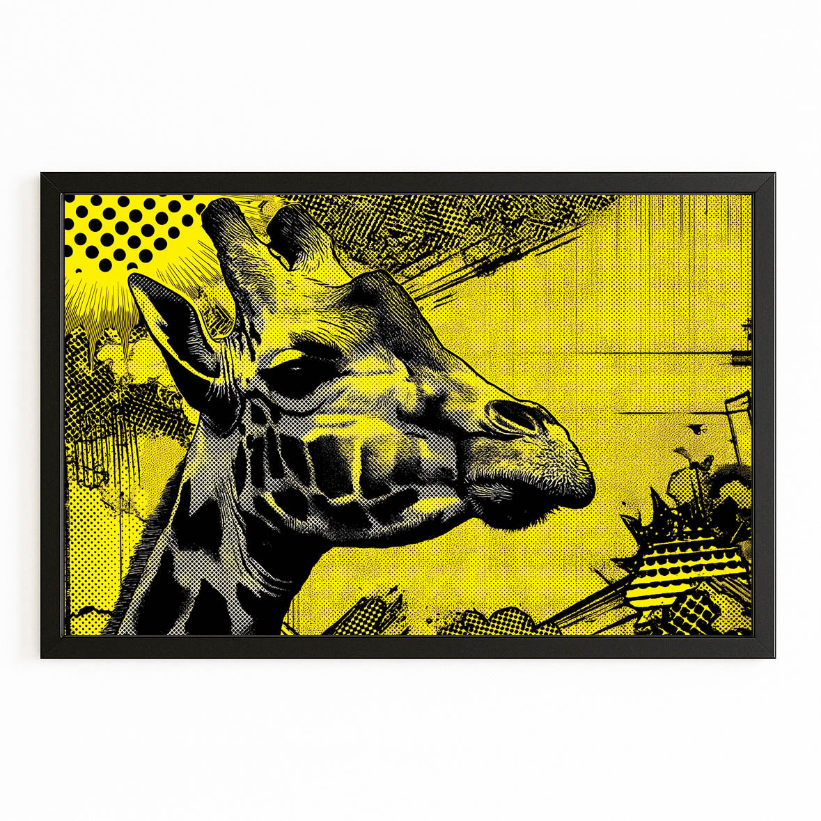 Framed artwork of a giraffe with a yellow background and black frame
