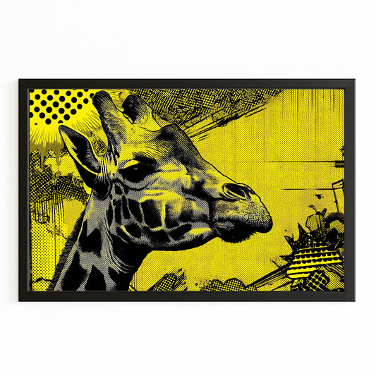 Framed artwork of a giraffe with a yellow background and black frame