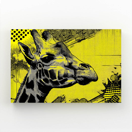 Giraffe illustration with a yellow and black abstract design on a white background