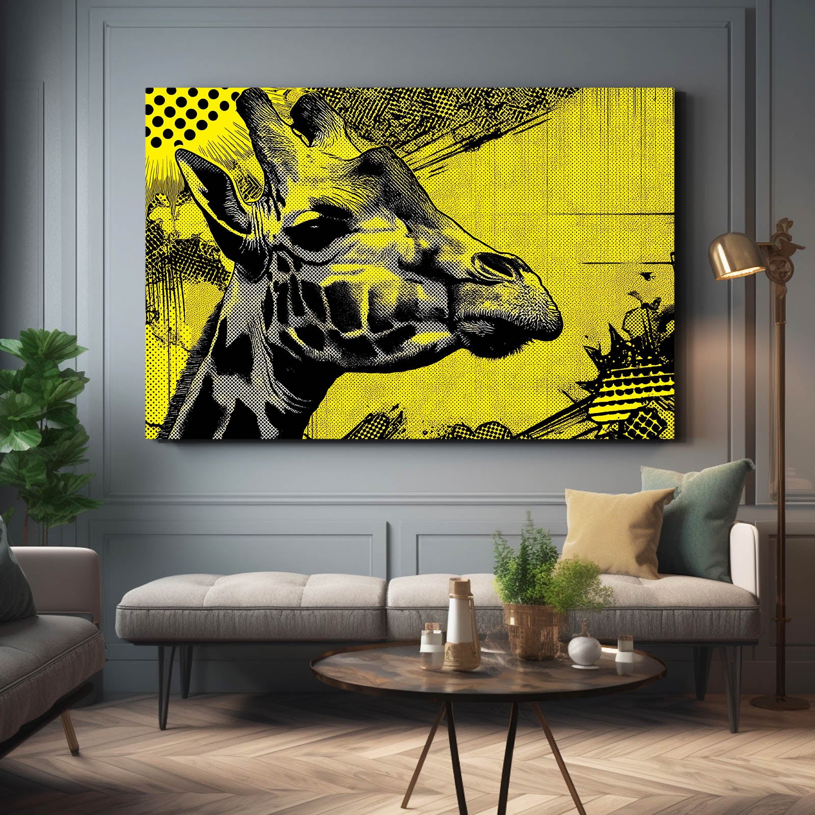 Living room with a large abstract painting of a giraffe on a yellow background, gray sofa, and wooden coffee table.