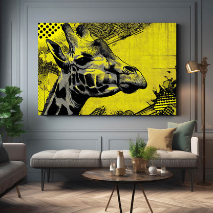 Living room with a large abstract painting of a giraffe on a yellow background, gray sofa, and wooden coffee table.