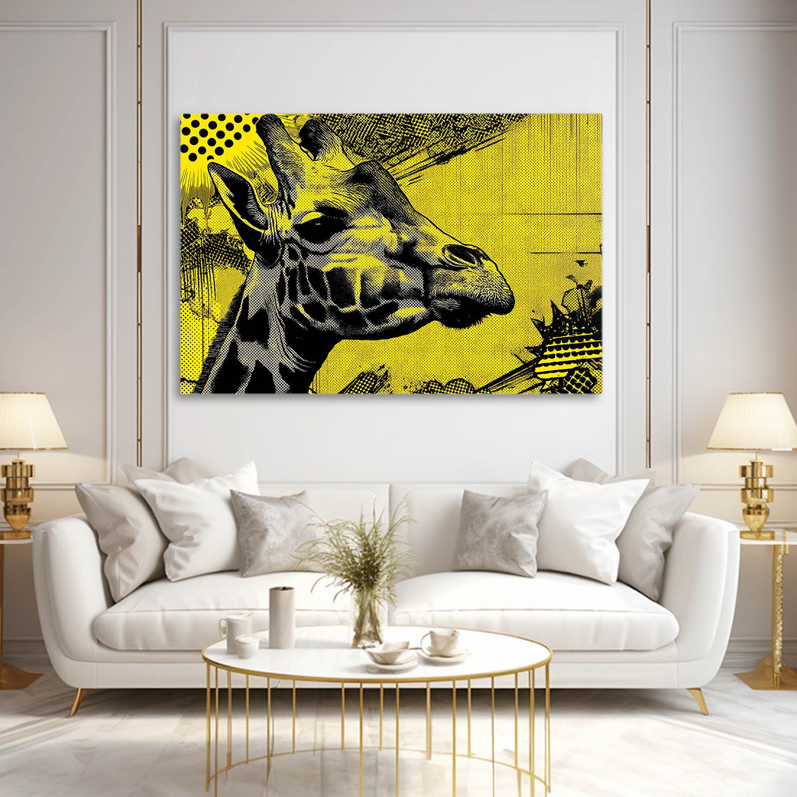 Living room with a white sofa, coffee table, and a large framed picture of a giraffe on a yellow background.
