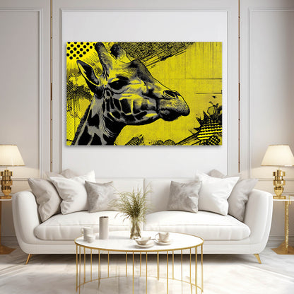 Living room with a white sofa, coffee table, and a large framed picture of a giraffe on a yellow background.