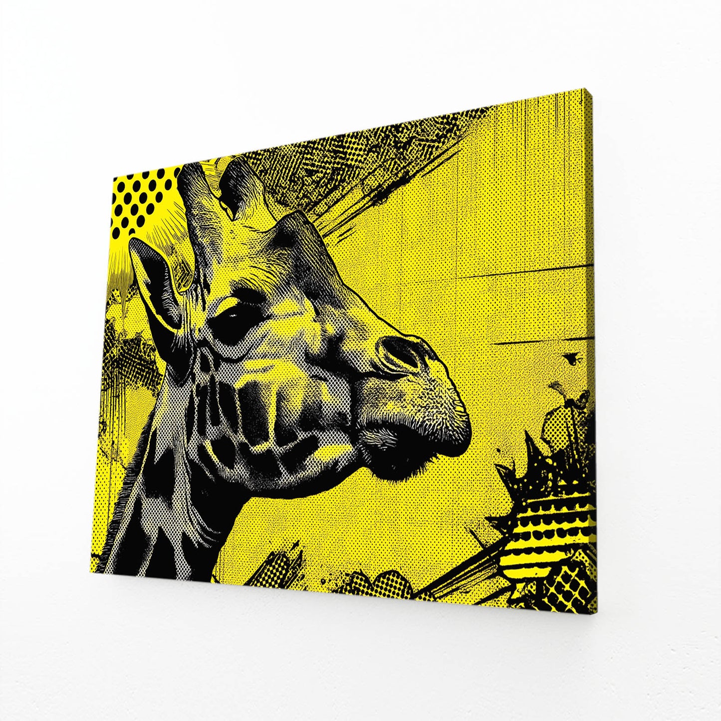 Canvas print of a giraffe's head on a yellow background