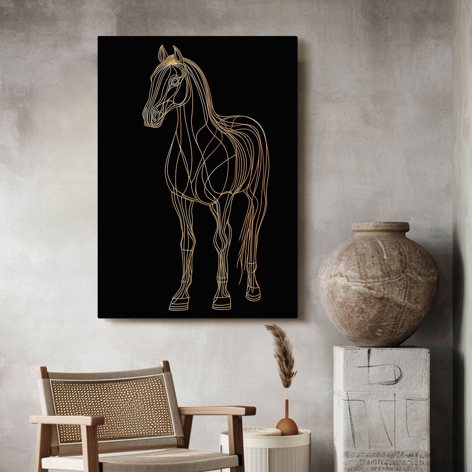 Black Art Deco Horse Artwork – angled canvas view on white background