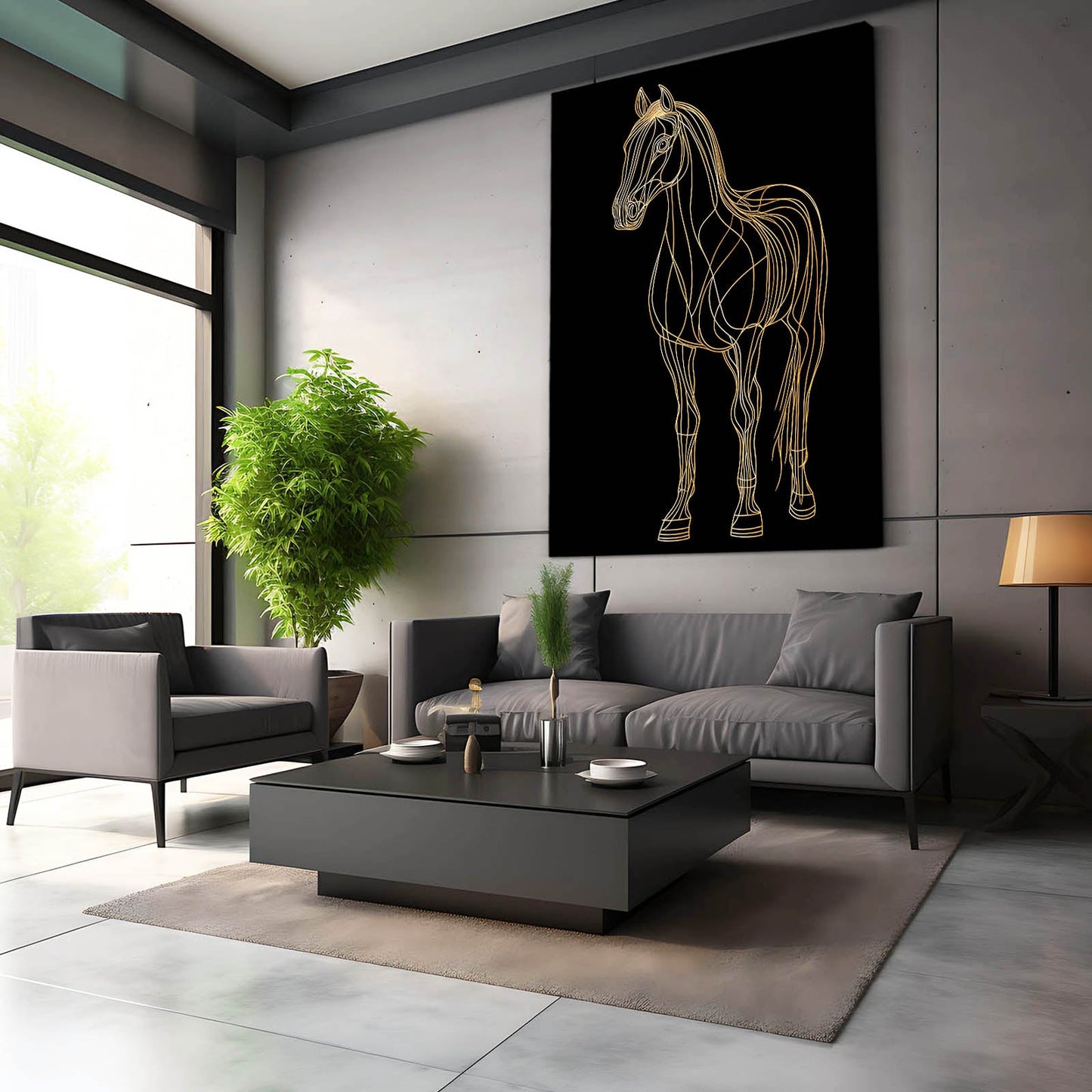 Black Art Deco Horse Artwork – angled canvas view on white background