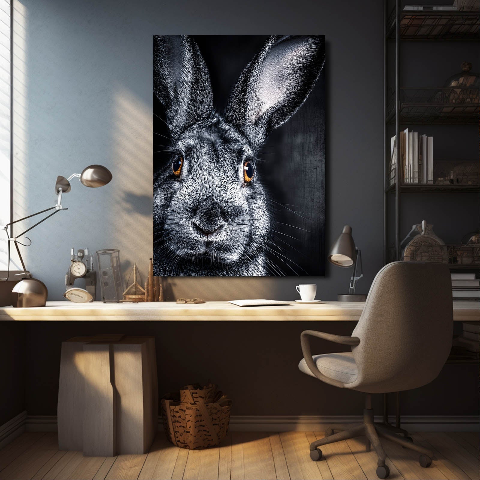 Black Bunny Wall Art – angled canvas view on white background