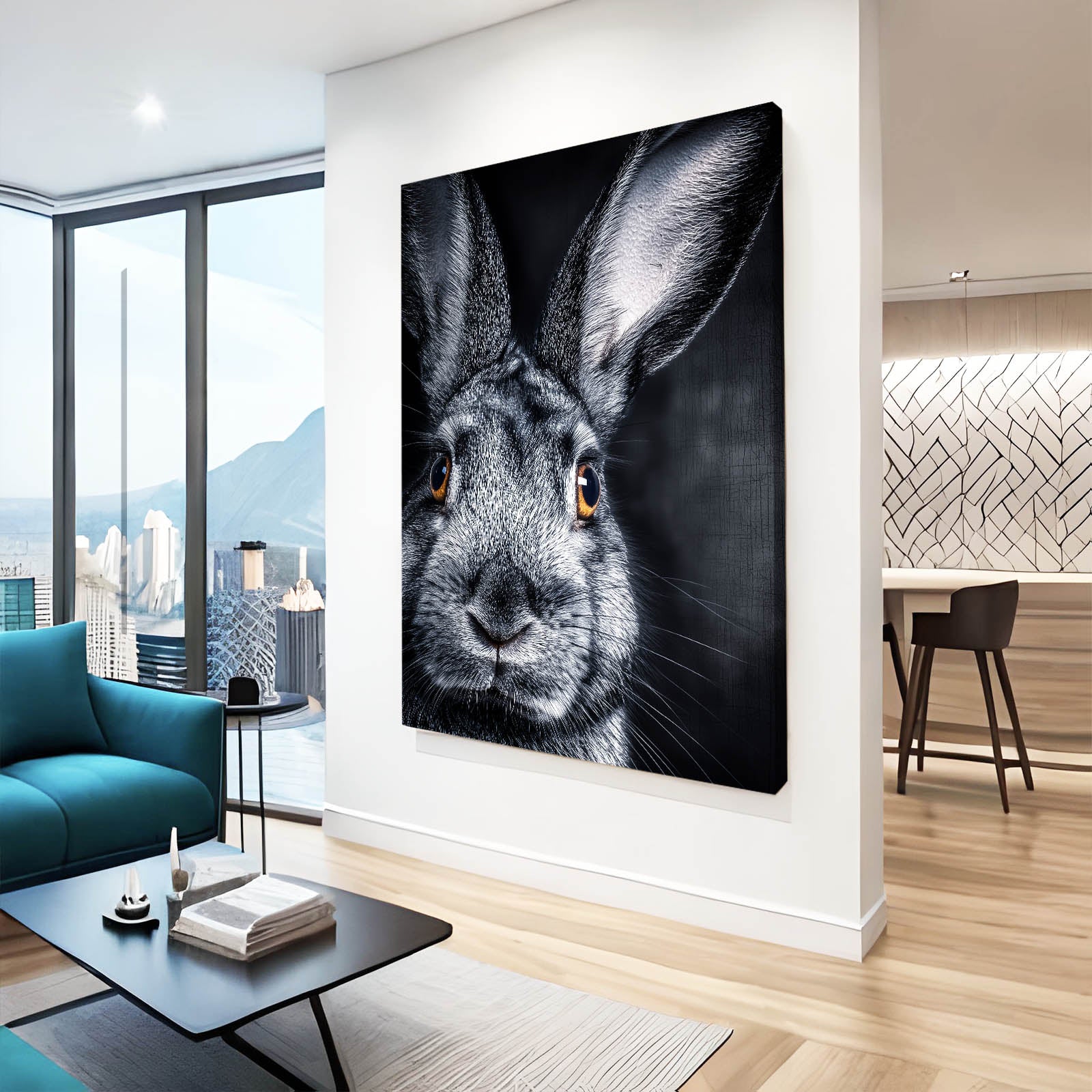 Black Bunny Wall Art – angled canvas view on white background