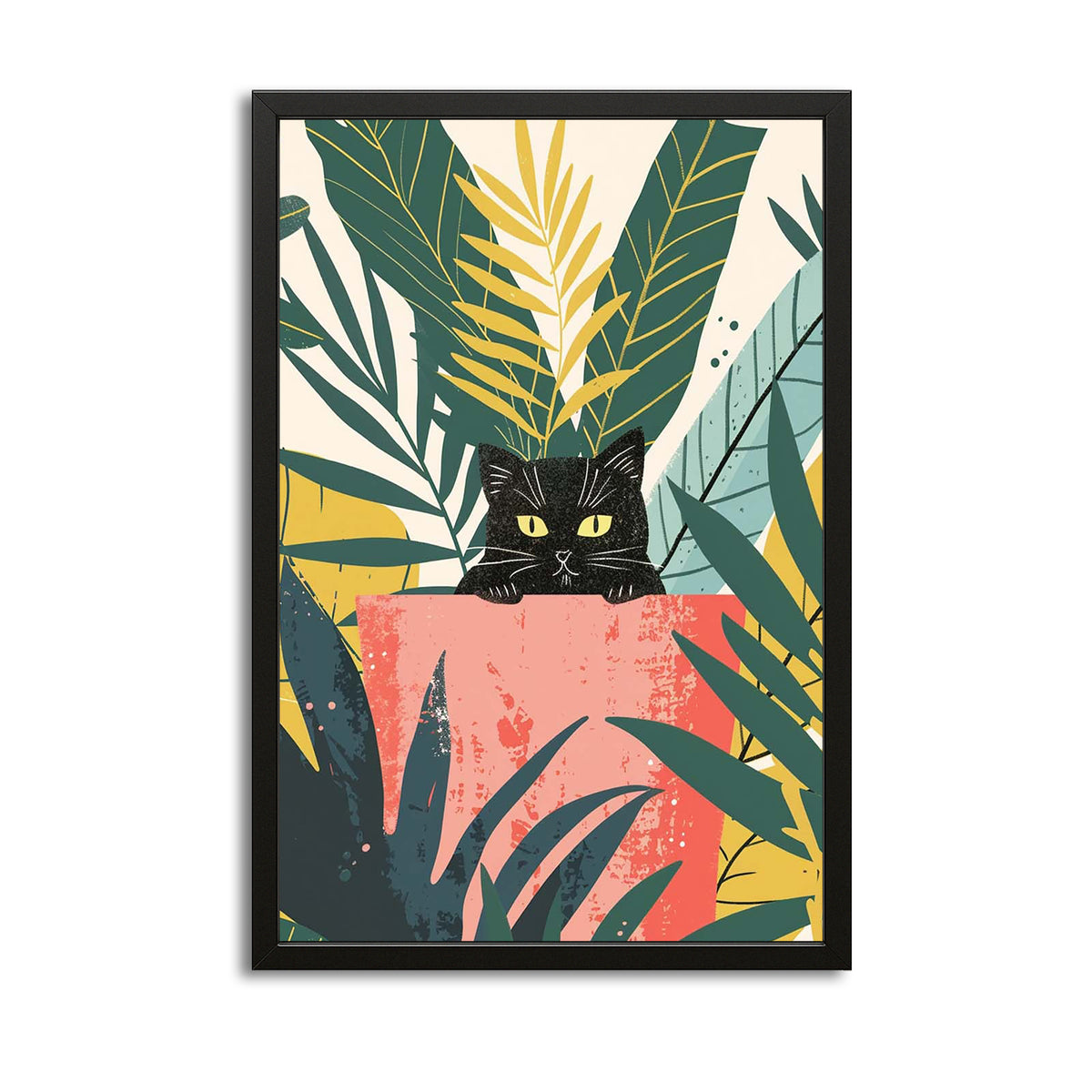 Black Cat in Jungle Pot Art — cute canvas print in white tones, with Premium Black frame on white background
