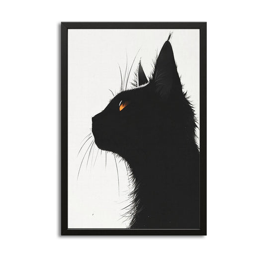Black Cat Wall Art Decor — black and white canvas print in white tones, with Premium Black frame on white background