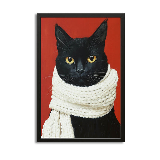 Black Cat Wall Art — portrait canvas print in red tones, with Premium Black frame on white background