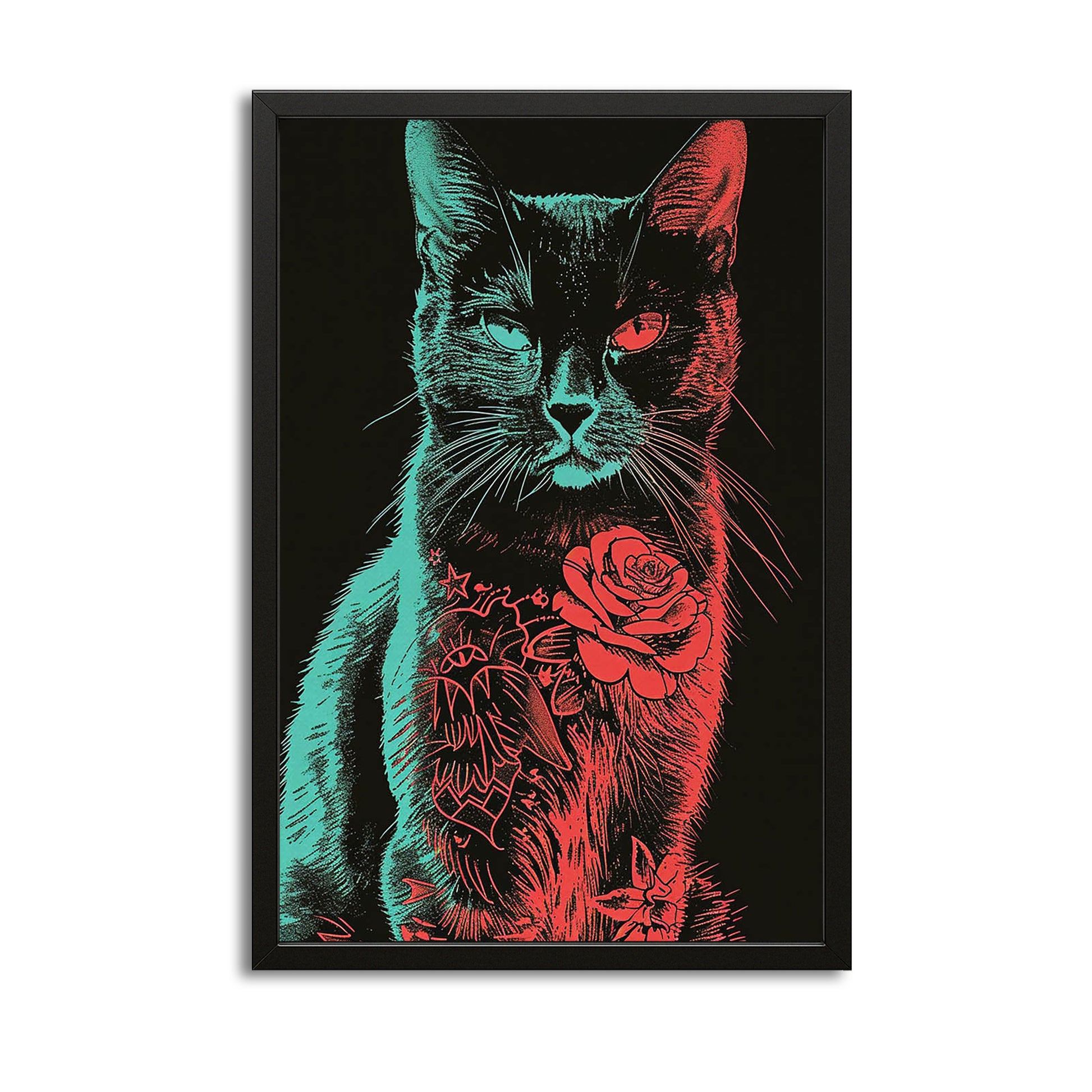 Black Cat Wall Decor — digital canvas print in red tones, canvas print on white background