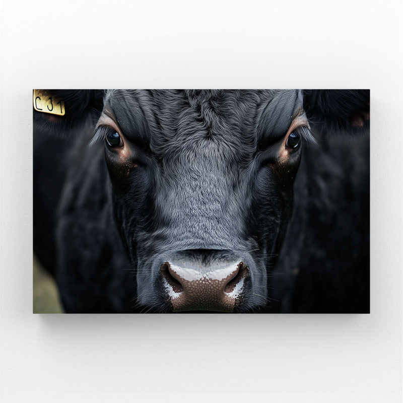 Black Cow Wall Art – angled canvas view on white background