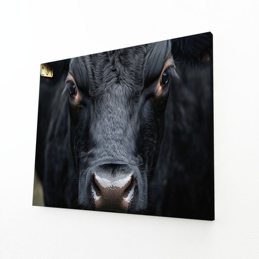 Black Cow Wall Art – angled canvas view on white background