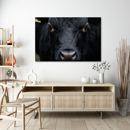 Black Cow Wall Art – angled canvas view on white background
