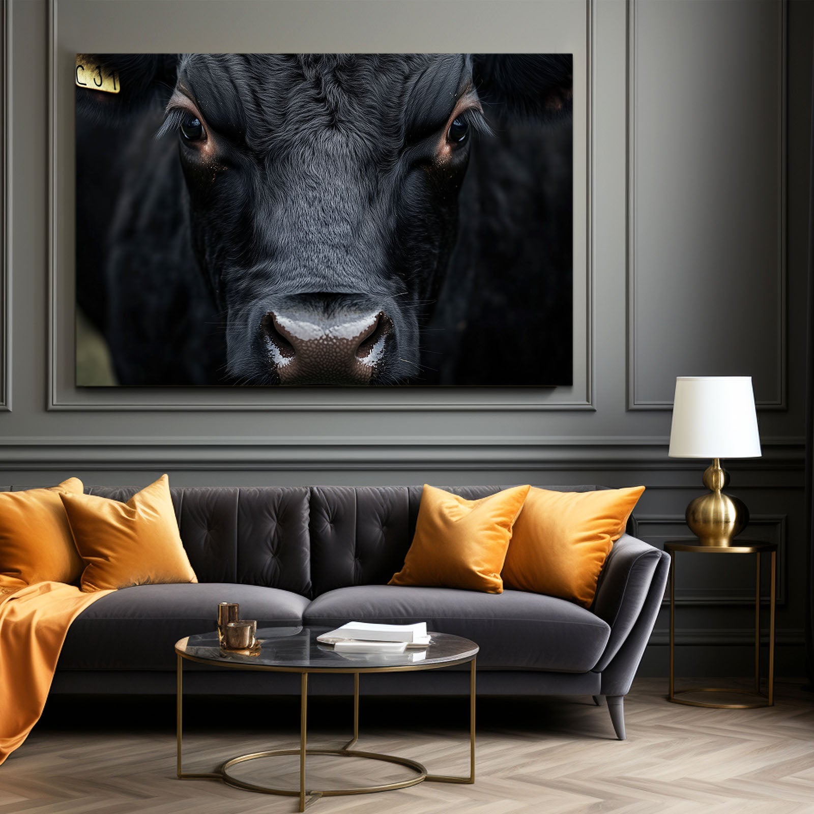 Black Cow Wall Art – angled canvas view on white background