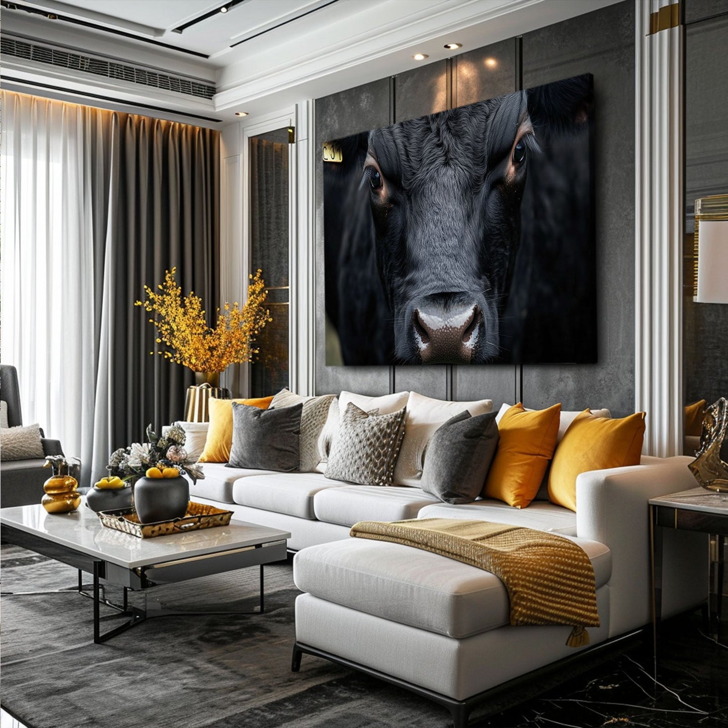 Black Cow Wall Art – angled canvas view on white background