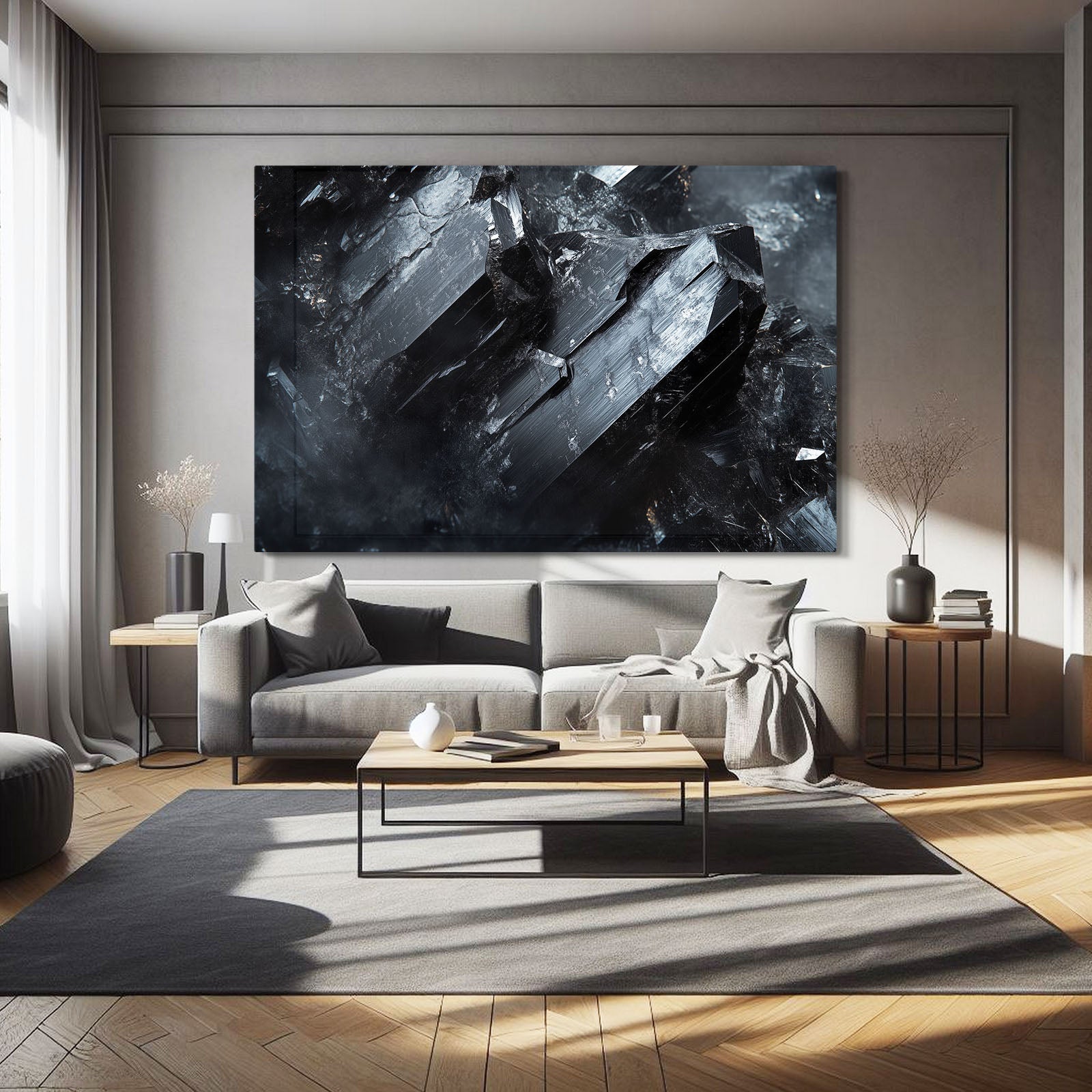 Black Crystal Smoke Abstract Wall Decor – styled in a furnished interior